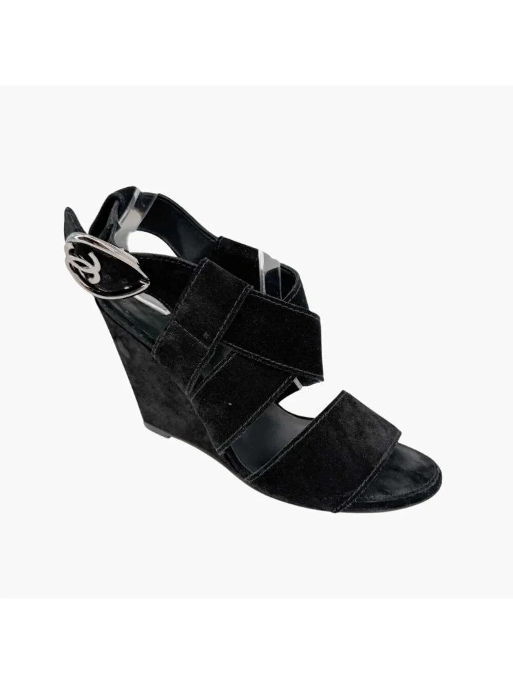 Chanel CC Heart Buckle Wedge Sandals Heels Black Suede Size 39.5 US 8.5-9 Women